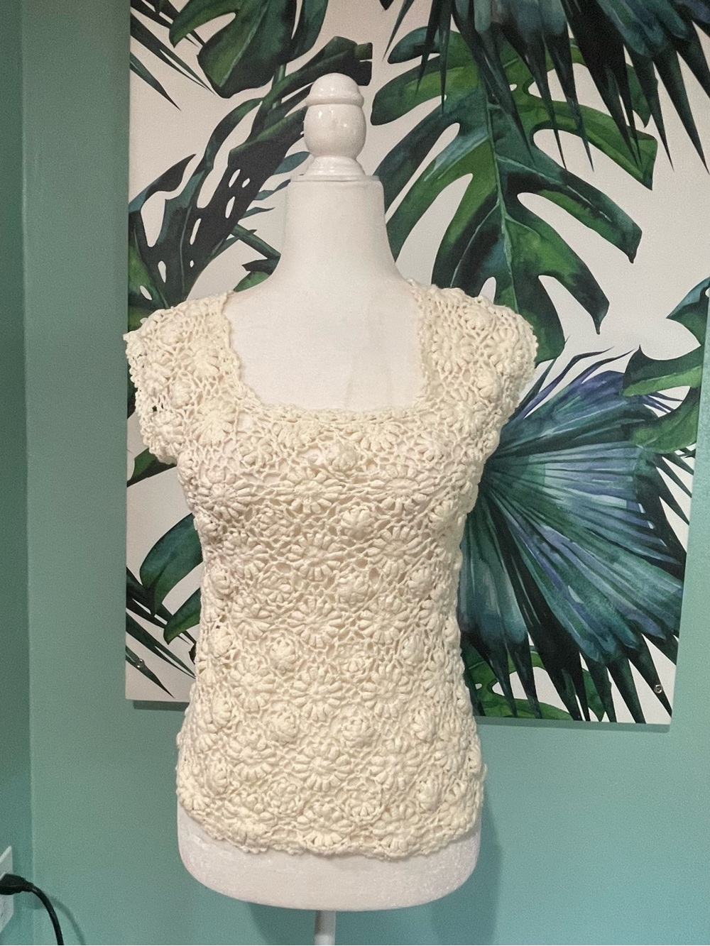 Crocheted Cream Short-Sleeve Scoop Neck Top